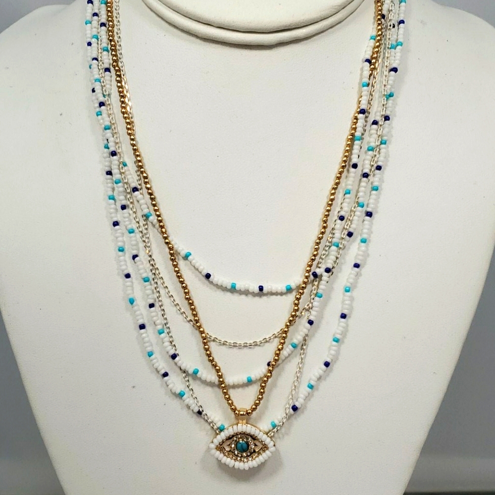 Rebecca Minkoff - Layered Beads Evil Eye Necklace (Turquoise Multi)